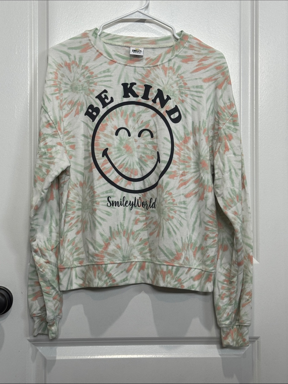 SmileyWorld 'Be Kind' Tie-Dye Crewneck Sweatshirt - Green & Peach